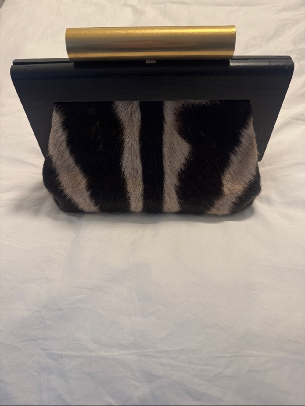 Devi Kroell Zebra-Pattern Haircalf Frame Clutch with Gold Accent